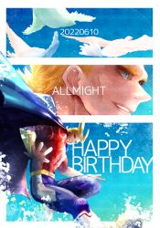 Rule 34 | 1boy, all might, animal, bird, blonde hair, blue cape, blue eyes, bodysuit, boku no hero academia, border, cape, character name, commentary request, dated, dove, flsenhiko, happy birthday, looking at viewer, male focus, open mouth, short hair, smile, solo, white bird, white border