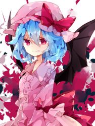 Rule 34 | &gt;:), 1girl, bat wings, blue hair, bow, dress, fang, frilled shirt collar, frills, hat, hat bow, light smile, looking at viewer, mob cap, nikorashi-ka, one-hour drawing challenge, pink dress, red bow, red eyes, remilia scarlet, short hair, solo, touhou, upper body, v-shaped eyebrows, wings
