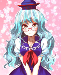 Rule 34 | 1girl, blue hair, dress, female focus, glasses, hane (hanegoya), hat, kamishirasawa keine, long hair, orange eyes, solo, touhou, v arms