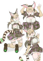 Rule 34 | 1girl, absurdres, animal ears, belt, camouflage, cat ears, cat girl, cat tail, elbow gloves, extra ears, fingerless gloves, gloves, green eyes, grey hair, highres, jacket, jungle cat (kemono friends), kemono friends, kemono friends v project, kneehighs, long hair, looking at viewer, microphone, oaug241, ribbon, shirt, shoes, simple background, skirt, socks, suspenders, tail, twintails, virtual youtuber