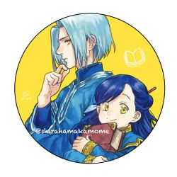 Rule 34 | 1boy, 1girl, :|, aqua hair, asymmetrical bangs, blue hair, blue robe, book, hugging book, border, child, circle, closed mouth, crossed arms, dark blue hair, expressionless, eyebrows, ferdinand (honzuki no gekokujou), finger to own chin, from side, hair behind ear, hair ornament, hair stick, half updo, hand on own chin, hands up, high collar, holding, holding book, honzuki no gekokujou, layered sleeves, long hair, long sleeves, looking at viewer, looking to the side, myne (honzuki no gekokujou), hugging object, parted bangs, profile, robe, round image, shirahama kamome, sideways glance, signature, simple background, sleeve cuffs, smile, split mouth, stroking own chin, tareme, transparent border, twitter username, upper body, wide sleeves, yellow background, yellow eyes
