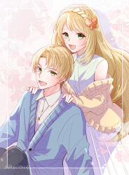 Rule 34 | 1boy, 1girl, :d, alfred (fire emblem), alternate costume, bare shoulders, blonde hair, blue jacket, border, braid, brother and sister, butterfly hair ornament, celine (fire emblem), collared shirt, crown braid, dress, fire emblem, fire emblem engage, green eyes, hair ornament, highres, jacket, jewelry, long hair, long sleeves, looking at viewer, necklace, nintendo, open mouth, shirt, short hair, siblings, sleeveless, sleeveless dress, smile, twitter username, white dress, white shirt, yellow jacket, yutohiroya