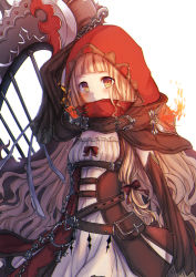 Rule 34 | 1girl, arm up, bag, belt, belt buckle, blonde hair, blunt bangs, blush, bow, brown belt, buckle, cape, chain, closed mouth, dress, fire, hood, hood up, hooded cape, long hair, long sleeves, looking at viewer, nozomiaisha, red bow, red cape, red hood, red riding hood (sinoalice), simple background, sinoalice, smile, solo, standing, weapon, white background, yellow eyes