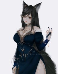 Rule 34 | 1girl, animal ear fluff, animal ears, aoi ogata, artist name, bare shoulders, black hair, blue dress, blue nails, breasts, bridal gauntlets, cat ears, cleavage, clip studio paint (medium), commentary, commission, crescent, crescent hair ornament, dress, english commentary, closed eyes, frey (vtuber), grey background, grey eyes, hair ornament, highres, indie virtual youtuber, juliet sleeves, long hair, long sleeves, looking at viewer, medium breasts, nail polish, off-shoulder dress, off shoulder, puffy sleeves, red lips, simple background, tail, very long hair, virtual youtuber