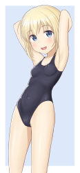 Rule 34 | 1girl, absurdres, arms behind head, black one-piece swimsuit, blonde hair, blue background, border, breasts, collarbone, cowboy shot, dot nose, erica hartmann, from side, highleg, highleg swimsuit, highres, looking at viewer, new school swimsuit, one-piece swimsuit, open mouth, outside border, sc naru, school swimsuit, short hair, small breasts, smile, solo, standing, strike witches, swimsuit, two-tone background, white border, world witches series