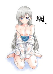 Rule 34 | 1girl, bare legs, barefoot, blue eyes, blue shirt, blush, bottomless, braid, breasts, breasts squeezed together, closed mouth, clothes pull, collarbone, dress shirt, earrings, full body, hamao, hisakawa hayate, idolmaster, idolmaster cinderella girls, jewelry, long hair, long sleeves, looking at viewer, medium breasts, nipples, shirt, shirt pull, simple background, single braid, sitting, sketch, sleeveless, sleeveless shirt, smile, solo, strap slip, very long hair, wariza, white background, white hair, white shirt
