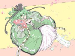 Rule 34 | 1girl, adapted costume, black hat, breasts, cleavage, cross-laced clothes, dress, folding fan, frilled dress, frills, full body, green dress, green eyes, green hair, hand fan, hat, highres, holding, holding fan, large breasts, long sleeves, looking at viewer, nunnun (shunka shuutou), ofuda, ofuda on clothes, red background, smile, soga no tojiko, solo, tate eboshi, touhou, two-tone background, yellow background