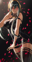 Rule 34 | 1girl, absurdres, black dress, black hair, black thighhighs, blush, breasts, cleavage, closed mouth, cozyu, dagger, dark background, dress, dual wielding, falling petals, gold hairband, hair between eyes, hairband, highres, holding, holding dagger, holding knife, holding weapon, knife, large breasts, long hair, looking at viewer, petals, red eyes, sleeveless, sleeveless dress, solo, spy x family, thighhighs, weapon, yor briar