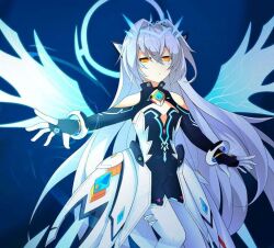 Rule 34 | 1girl, android, armor, armored dress, artist request, bare shoulders, black bodysuit, black gloves, blue background, blue halo, bodysuit, code: sariel (elsword), elsword, energy wings, eve (elsword), expressionless, facepaint, gloves, hair between eyes, halo, jewelry, long hair, looking at viewer, mechanical ears, orange eyes, robot ears, second-party source, simple background, skirt, solo, spikes, thighhighs, very long hair, white hair, white thighhighs, wings