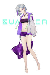 Rule 34 | 1girl, absurdres, bag, bare legs, barefoot, bikini, bikini under clothes, black bikini, breasts, cleavage, closed mouth, collarbone, contender (girls&#039; frontline), danxing aipangzi, dolphin shorts, full body, girls&#039; frontline, halterneck, highres, holding, holding bag, jacket, jewelry, long sleeves, medium breasts, midriff, multicolored hair, navel, necklace, open clothes, open jacket, parted bangs, purple eyes, purple shorts, short hair, short shorts, shorts, silver hair, small breasts, solo, stomach, streaked hair, swimsuit, white jacket