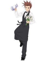 Rule 34 | 1boy, apron, black apron, black bow, black bowtie, black footwear, black pants, bow, bowtie, brown eyes, brown hair, commentary, english commentary, flower, formal, highres, holding, holding flower, lloyd irving, long sleeves, looking back, male focus, official art, pants, smile, solo, spiked hair, tales of (series), tales of asteria, tales of symphonia, transparent background, waist apron
