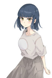 1girl absurdres black_hair breasts closed_mouth commentary_request eyebrows_hidden_by_hair grey_shirt grey_skirt highres looking_at_viewer medium_breasts nijisanji ribbon-trimmed_shirt ribbon_trim shirt short_hair short_sleeves simple_background skirt solo virtual_youtuber white_background yamagami_karuta yellow_eyes yowayowap