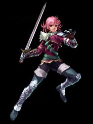 Rule 34 | 1girl, armor, ascot, belt, boots, chronicles of the sword, extra, fighting stance, gauntlets, kawano takuji, knife, luna (soulcalibur), official art, pink hair, short hair, short twintails, simple background, smile, solo, soul calibur, soulcalibur, soulcalibur iii, standing, strap, sword, thigh boots, thighhighs, twintails, weapon
