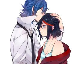 Rule 34 | 10s, 1boy, 1girl, age difference, bad id, bad pixiv id, bare shoulders, black hair, blue eyes, blue hair, bra, breasts, cleavage, crying, crying with eyes open, height difference, hetero, highres, kill la kill, kiss, kissing forehead, kokeshi 1101, matoi ryuuko, mikisugi aikurou, multicolored hair, necktie, popped collar, shirt, short hair, streaked hair, striped bra, striped clothes, tears, towel, underwear