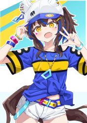 Rule 34 | 1girl, :d, adjusting clothes, adjusting headwear, baseball cap, bead bracelet, beads, blue hair, blue nails, bracelet, brown hair, commentary request, cowboy shot, daitaku helios (umamusume), ears through headwear, facial mark, fangs, hair ornament, hairclip, hat, highres, horse girl, horse tail, jewelry, looking at viewer, multicolored hair, nail polish, necklace, open mouth, ponytail, shirt, shorts, skin fangs, smile, solo, tail, tied shirt, totomono, two-tone hair, umamusume, w, white background, yellow eyes