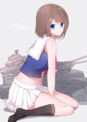 Rule 34 | 1girl, a.a (aa772), black socks, blue eyes, blue shirt, brown hair, cannon, character name, closed mouth, commentary request, crop top, grey background, hair between eyes, hair ornament, hairclip, kantai collection, looking at viewer, looking to the side, machinery, maya (kancolle), midriff, neckerchief, no shoes, pleated skirt, red neckerchief, sailor collar, school uniform, serafuku, shadow, shirt, simple background, sitting, skirt, sleeveless, sleeveless shirt, socks, solo, turret, wariza, white sailor collar, white skirt, x hair ornament