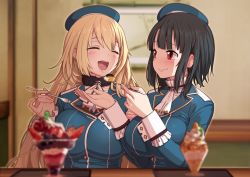 Rule 34 | 10s, 2girls, :d, ^ ^, ascot, atago (kancolle), bad id, bad pixiv id, beret, black hair, blonde hair, blunt bangs, blurry, blush, breasts, closed eyes, commentary request, depth of field, eyelashes, feeding, female focus, food, fruit, fur-trimmed collar, fur trim, hat, holding, holding spoon, ice cream, indoors, kantai collection, large breasts, long hair, long sleeves, looking at another, military, military uniform, multiple girls, omaru gyuunyuu, open mouth, parfait, red eyes, short hair, side-by-side, smile, spoon, strawberry, table, takao (kancolle), uniform, yuri