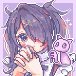 Rule 34 | 1girl, 4 74obake, ame-chan (needy girl overdose), cat, collared shirt, hair ornament, hair over one eye, hands up, highres, interlocked fingers, long hair, looking at viewer, needy girl overdose, outline, own hands together, pien cat (needy girl overdose), pixel art, purple background, purple eyes, shirt, solo, sparkle, twintails, upper body, white outline, x hair ornament