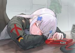 Rule 34 | 1girl, camouflage, camouflage jacket, closed eyes, closed mouth, german flag, girls&#039; frontline, hanabusaraleigh, highres, hk416 (girls&#039; frontline), jacket, long hair, pocky day, silver hair, simple background, sleeping, solo, table, uniform, watch