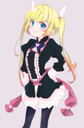 Rule 34 | 1girl, absurdres, black pantyhose, blonde hair, blue eyes, brounie, colored tips, dress, hair ornament, hand on own hip, highres, long hair, long sleeves, looking at viewer, magia record: mahou shoujo madoka magica gaiden, mahou shoujo madoka magica, multicolored hair, pantyhose, pink hair, ribbon, solo, twintails, yuzuki rion (magia record)