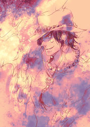 Rule 34 | 1boy, fire, freckles, hat, jewelry, magic, male focus, monochrome, necklace, one piece, portgas d. ace, topless male, smile, solo, stampede string, usayomogi