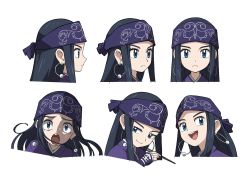 Rule 34 | 1girl, :d, :o, ainu, ainu clothes, asirpa, bandana, black hair, blue eyes, character sheet, chopsticks, closed mouth, commentary, creatures (company), earrings, expressionless, from side, game freak, golden kamuy, headband, highres, holding, holding chopsticks, hoop earrings, jewelry, long hair, looking at viewer, nintendo, open mouth, parody, pokemon, pokemon legends: arceus, portrait, profile, simple background, smile, solo, style parody, sugimori ken (style), teeth, upper teeth only, white background, yoshi (moco1)