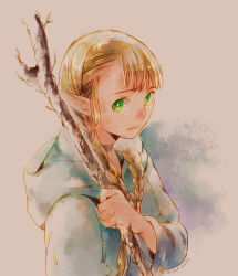 Rule 34 | 1girl, aged down, blonde hair, blue robe, choker, closed mouth, dungeon meshi, elf, from side, green eyes, grey background, hair around ear, hair over shoulder, hand up, holding, holding staff, hood, hood down, hooded robe, jack (haist), long hair, long sleeves, looking at viewer, marcille donato, pointy ears, robe, smile, solo, staff, upper body