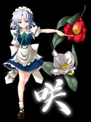 Rule 34 | 1girl, black background, braid, female focus, flower, izayoi sakuya, kanji, knife, maid, maid headdress, outstretched arm, piromizu, pocket watch, red eyes, short hair, silver hair, solo, standing, embodiment of scarlet devil, throwing knife, touhou, twin braids, watch, weapon