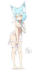 Rule 34 | 1girl, absurdres, animal ear fluff, animal ears, bandages, bare arms, bare shoulders, barefoot, blue hair, full body, hair between eyes, highres, idaten93, long hair, naked bandage, original, shadow, solo, standing, terufu-chan, translation request, v-shaped eyebrows, white background