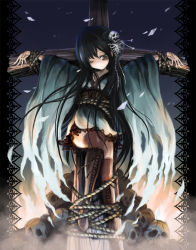 Rule 34 | 1girl, black hair, bone, boots, bound, brown eyes, cross, crucifixion, dress, fire, hair ornament, knee boots, long hair, no nose, one eye closed, original, rope, skeleton, skull, skull hair ornament, solo, thighhighs, tied up (nonsexual), ume (illegal bible), wink, zettai ryouiki