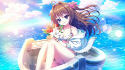 Rule 34 | 1girl, ahoge, bikini, blue bikini, blue eyes, blue sky, bouquet, bow, breasts, brown hair, cleavage, cloud, collarbone, day, dot nose, drawstring, dutch angle, film grain, floral print, flower, flower request, game cg, hair bow, hair intakes, holding, holding bouquet, horizon, izumi tsubasu, jacket, knees up, layered bikini, lens flare, long hair, looking at viewer, non-circular lens flare, non-web source, o-ring, o-ring top, ocean, off shoulder, official art, on boat, open mouth, outdoors, print bikini, purple bow, re:stage!, red flower, shikimiya aone, sitting, sky, smile, solo, sparkle, sunlight, swimsuit, two side up, white bikini, white flower, white jacket