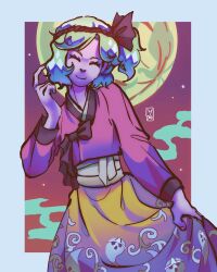 Rule 34 | 1other, androgynous, black headwear, blue hair, blue skirt, bow, closed eyes, closed mouth, clothes lift, eyelashes, fog, fujiwara no iyozane, full moon, ghost print, gradient sky, hand in own hair, highres, japanese clothes, kimono, len&#039;en, lifting own clothes, light blue hair, long sleeves, midriff sarashi, moon, night, one side up, pointing, purple bow, purple kimono, sarashi, side ponytail, skirt, skirt lift, sky, smile, star (sky), triangular headpiece, waiwa way, wave print