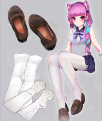 Rule 34 | 1girl, absurdres, animal ears, blush, braid, feet, highres, hololive, loafers, long hair, looking at viewer, lumina (artist), minato aqua, multicolored hair, pantyhose, pink eyes, pink hair, shoes, smile, steam, streaked hair, two-tone hair, unworn shoes, virtual youtuber, white pantyhose