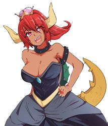 Rule 34 | 1girl, :d, bare shoulders, black dress, bowsette, bracelet, breasts, cleavage, collar, crown, dark skin, dark-skinned female, dress, fangs, hand on own hip, head tilt, highres, jewelry, large breasts, lizard tail, looking at viewer, mario (series), nanostar, new super mario bros. u deluxe, nintendo, open mouth, ponytail, red eyes, red hair, simple background, slit pupils, smile, solo, spiked bracelet, spiked collar, spikes, standing, super crown, tail, white background