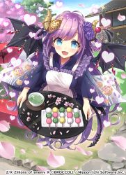 Rule 34 | 1girl, apron, blue eyes, blush, building, cherry blossoms, dango, flower, food, hair flower, hair ornament, heart, horns, japanese clothes, long hair, looking at viewer, oil-paper umbrella, open mouth, purple hair, solo, tail, umbrella, wagashi, watermark, wings, yaki mayu, z/x