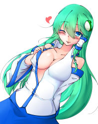 Rule 34 | 1girl, bare shoulders, blinking, blue eyes, blue skirt, blush, breasts, cleavage, clothes pull, collarbone, detached sleeves, frog hair ornament, green hair, hair between eyes, hair ornament, highres, kochiya sanae, long hair, looking at viewer, medium breasts, nintoku, one eye closed, pulling own clothes, shirt pull, skirt, snake, tongue, tongue out, touhou, very long hair, white background, wide sleeves
