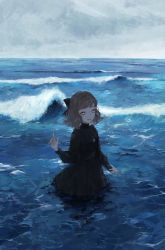 Rule 34 | 1girl, absurdres, black dress, brown hair, commentary request, dress, grey sky, highres, horizon, kotobuki nashiko, long sleeves, looking at viewer, ocean, original, outdoors, partially submerged, short hair, sky, solo, upper body, wading, water, waves, yellow eyes