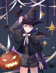 Rule 34 | 1boy, 2017, bat (animal), black hair, blue eyes, bow, bowtie, cape, credence barebone, fantastic beasts and where to find them, halloween, halloween costume, happy halloween, harry potter (series), hat, male focus, pumpkin, solo, star (symbol), wand, witch hat, wizarding world