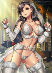 Rule 34 | black hair, breasts, bride, cleavage, clenched hands, covered erect nipples, earrings, fighting stance, final fantasy, final fantasy vii, giovanni zaccaria, jewelry, large breasts, long hair, midriff, navel, open mouth, red eyes, revealing clothes, see-through, shiny skin, smile, solo, thick thighs, thighhighs, thighs, tifa lockhart, wide hips