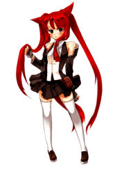 Rule 34 | 1girl, animal ears, black eyes, blush, detached sleeves, fingerless gloves, gloves, gwayo, gwayom, long hair, necktie, omyo, red hair, simple background, solo, tail, thighhighs, twintails, white background