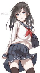 Rule 34 | 10s, 1girl, :&lt;, absurdres, alternate costume, arms behind back, asashio (kancolle), bag, black hair, black thighhighs, blue eyes, bookbag, contrapposto, eyes visible through hair, from below, hair between eyes, highres, kantai collection, katoroku, long hair, long sleeves, miniskirt, pleated skirt, sailor collar, school bag, school uniform, serious, simple background, skirt, solo, standing, thighhighs, thighs, twitter username, white background, wind, wind lift