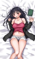 Rule 34 | 1girl, 1other, bed, bed sheet, black eyes, black hair, black jacket, blush, boku no kokoro no yabai yatsu, book, breasts, brown hair, camisole, cleavage, commentary request, highres, holding hands, interlocked fingers, jacket, large breasts, long hair, long sleeves, medium breasts, midriff, navel, off shoulder, open clothes, open jacket, open mouth, pillow, pink camisole, short shorts, shorts, smile, solo focus, thigh gap, thighs, white shorts, yamada anna, zeroasann