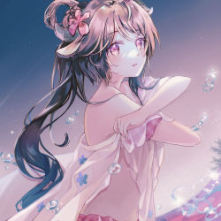 Rule 34 | 1girl, adjusting clothes, akonblank, animal ears, arknights, blush, brown hair, bubble, dusk, eyjafjalla (arknights), eyjafjalla (summer flower) (arknights), flower, from side, hair flower, hair ornament, highres, horns, long hair, looking at viewer, official alternate costume, parted lips, pink eyes, pink flower, sarong, sheep ears, sheep girl, sheep horns, sky, solo, upper body, water, white sarong