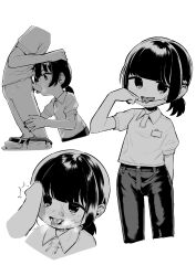 Rule 34 | 1boy, 1girl, absurdres, blunt bangs, chibi, cum, cum in mouth, facial, fellatio, forked tongue, greyscale, hetero, highres, moai (more e 4km), monochrome, oral, original, pants, penis, ponytail, short hair, simple background, tongue, white background