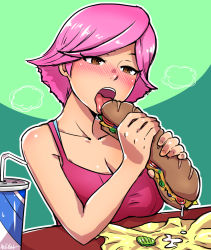 Rule 34 | 1girl, akairiot, animal crossing, bad id, bad tumblr id, blush, breast rest, breasts, brown eyes, camisole, cleavage, collarbone, cup, drinking straw, eating, food, large breasts, nintendo, open mouth, parted bangs, phallic symbol, pink hair, sandwich, sexually suggestive, short hair, simple background, solo, super smash bros., tank top, taut clothes, tongue, tongue out, upper body, villager (animal crossing)