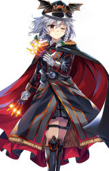 Rule 34 | 1girl, ;&gt;, alternate costume, between fingers, bow, braid, cape, commentary request, cowboy shot, e.o., epaulettes, gloves, green bow, hair between eyes, hair bow, hat, highres, holding, holding knife, holding weapon, holster, izayoi sakuya, knife, knives between fingers, long coat, long sleeves, looking at viewer, miniskirt, necktie, one eye closed, peaked cap, red eyes, red necktie, short hair, silver hair, simple background, skirt, smile, solo, thigh holster, thighs, touhou, twin braids, weapon, white background