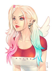 Rule 34 | 1girl, 2015, alien1452, artist name, blonde hair, blue eyes, blue hair, breasts, clothes writing, dated, dc comics, ear piercing, earrings, eyeshadow, gradient hair, hair ornament, hairclip, harley quinn, highres, jewelry, large breasts, lips, lipstick, long hair, makeup, multicolored hair, one side up, piercing, pink hair, shirt, solo, suicide squad, t-shirt, upper body