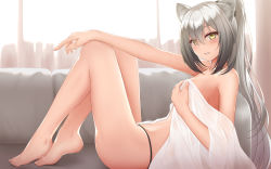 Rule 34 | 1girl, animal ears, arknights, bare shoulders, barefoot, black panties, blanket, breasts, cat ears, covering privates, covering breasts, curtains, feet, highres, long hair, looking at viewer, medium breasts, navel, panties, parted lips, ponytail, reclining, rko (a470350510), schwarz (arknights), silver hair, smile, solo, stomach, thighs, topless, underwear, very long hair, window, yellow eyes