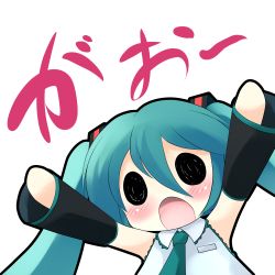 Rule 34 | 1girl, aqua hair, arms up, chibi, detached sleeves, fetal position, hatsune miku, headphones, headphones around neck, highres, long hair, necktie, open mouth, simple background, solid oval eyes, solo, twintails, upper body, vocaloid, white background, yume shokunin