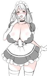 Rule 34 | 1girl, :d, absurdres, apron, blush, breasts, calmia (usagi nagomu), choker, contrapposto, cowboy shot, elf, gloves, half-closed eyes, hand up, highres, huge breasts, looking at viewer, maid, maid apron, medium hair, monochrome, open mouth, original, pink theme, pointy ears, puffy short sleeves, puffy sleeves, short sleeves, simple background, sketch, skindentation, smile, solo, standing, thighhighs, tongue, tongue out, usagi nagomu, white background